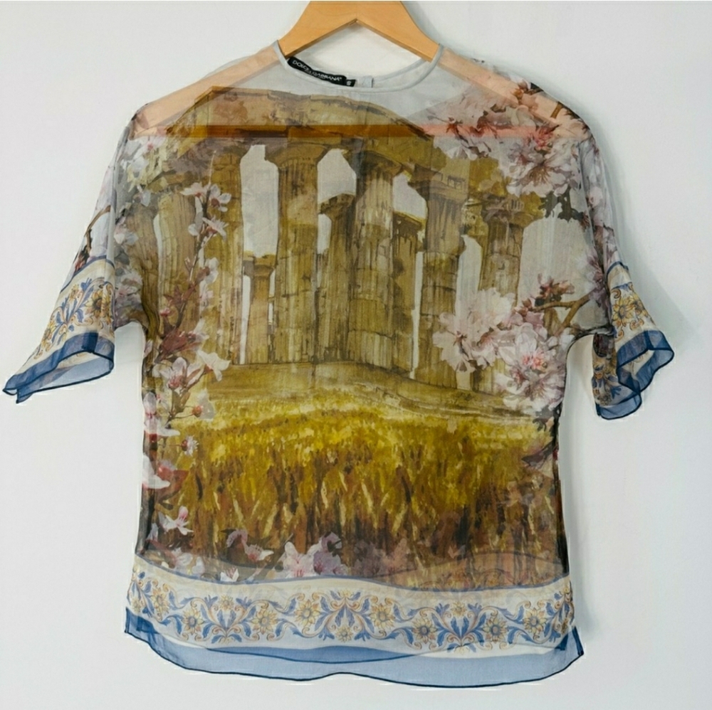 Dolce & Gabbana Sheer Silk Organza Top with Ancient Ruins Print